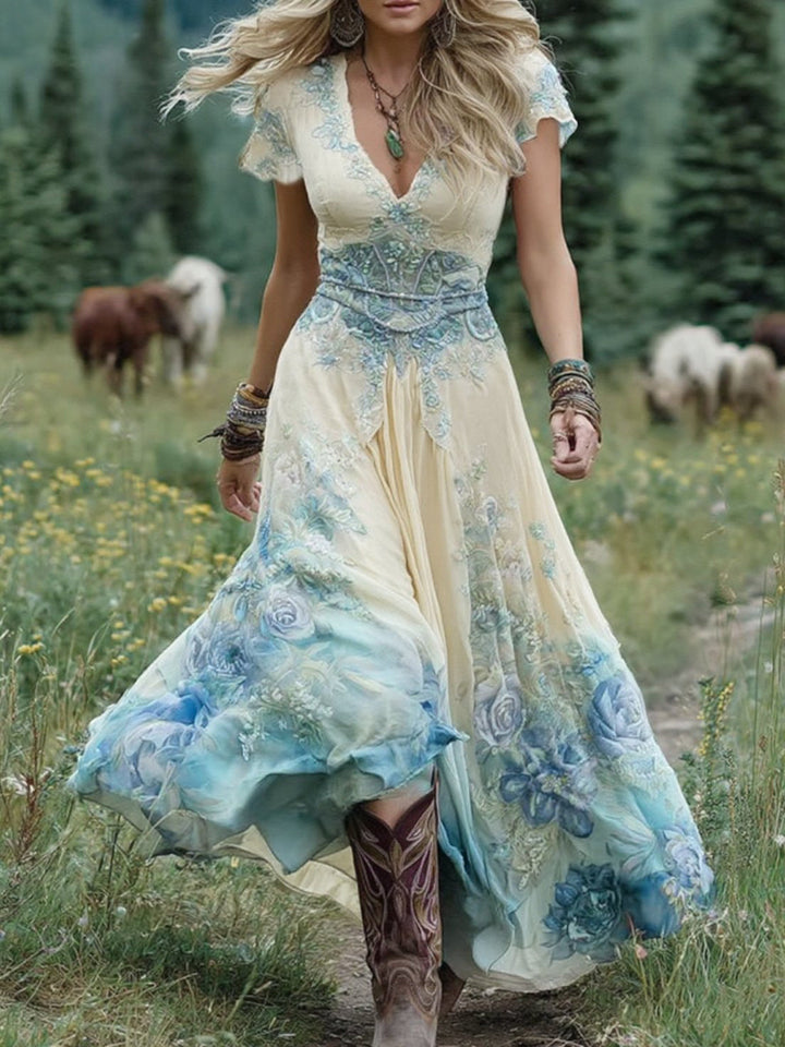 Charlotte | Damska letnia sukienka maxi w kwiaty z dekoltem V na wesele foto 3