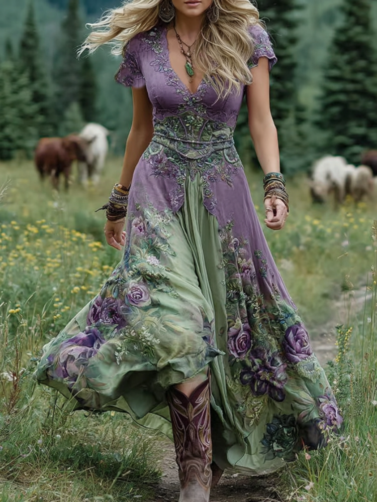 Charlotte | Damska letnia sukienka maxi w kwiaty z dekoltem V na wesele foto 1