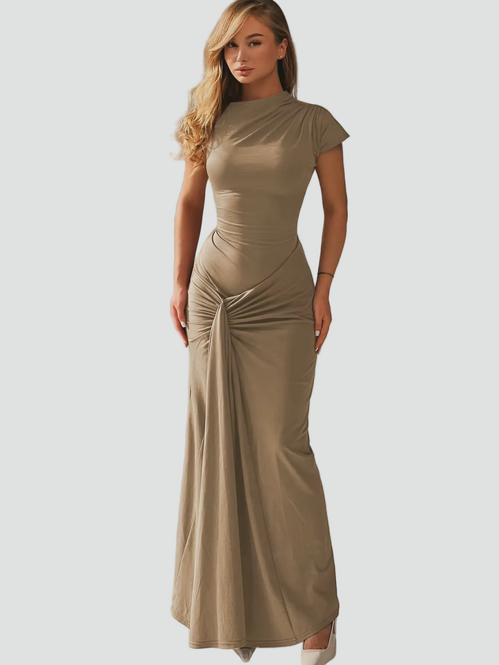 Elegancka damska koktajlowa sukienka maxi z plisami w kolorze Khaki