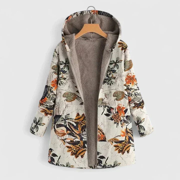 Elegant Women's Long Puffer Coat for Winter in Beige geblümt