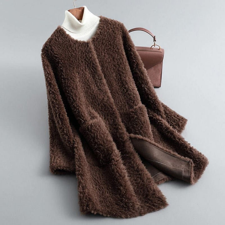Elegant Women's Winter Coat in Shearling in Mocha Brown