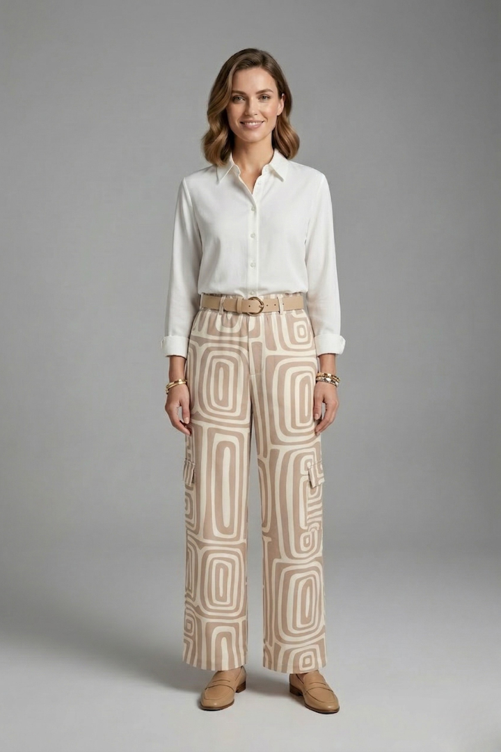 Geometric Women's Blouse and Trouser Set in Beige
