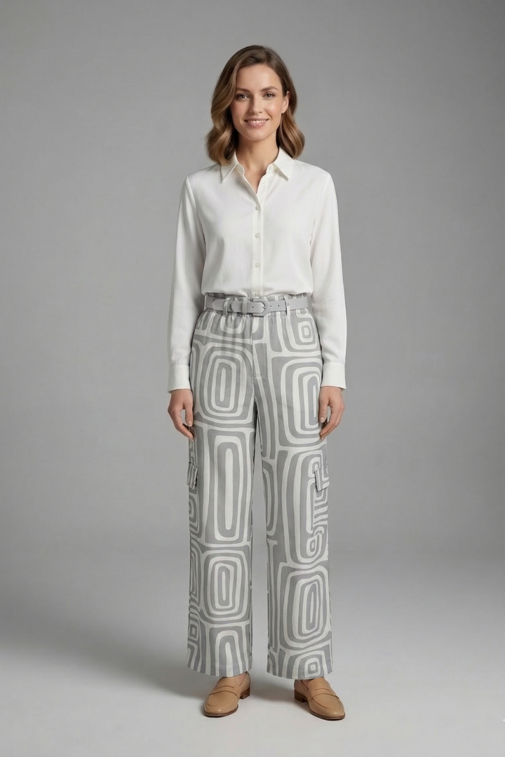 Geometric Women's Blouse and Trouser Set in Grey