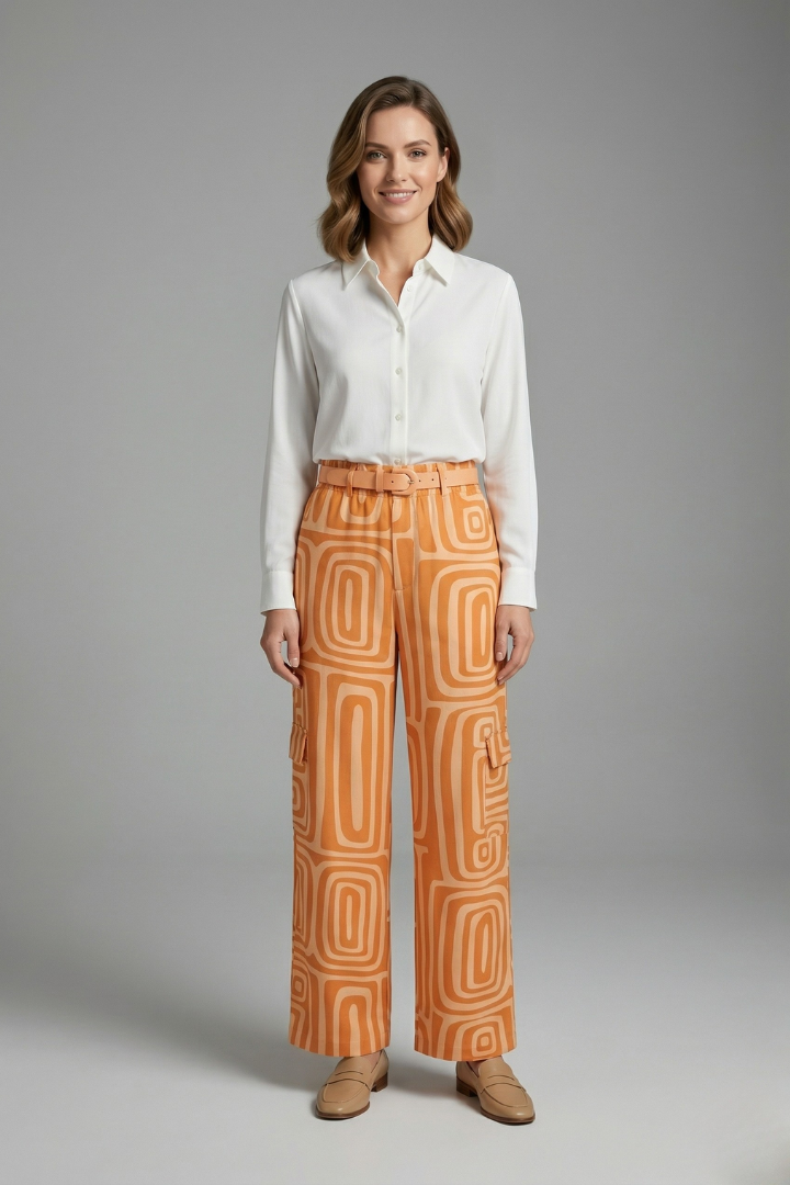 Geometric Women's Blouse and Trouser Set in Orange