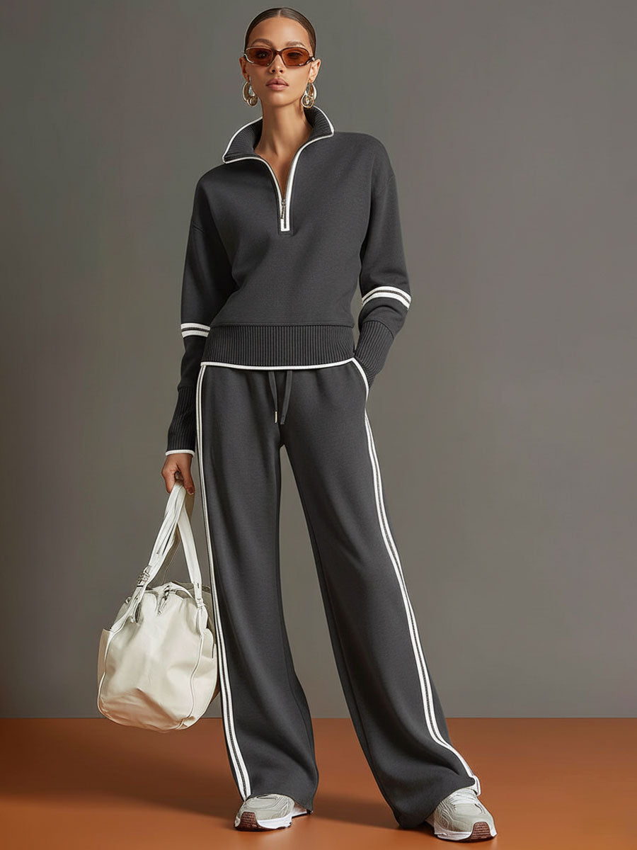 grauer und weißer Halbzip-Sweatshirt mit weitem w kolorze Ciemny Szary