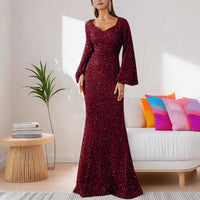 Millie | Women's Sequin Maxi Dress with Trumpet Sleeves
