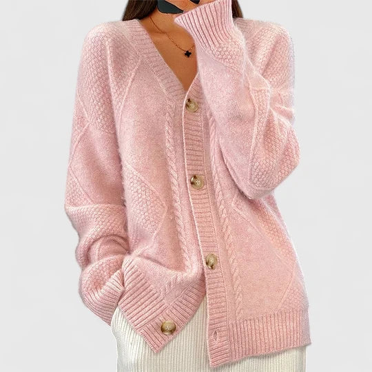 Ladies' V-Neck Cardigan for Autumn Layering in Pink