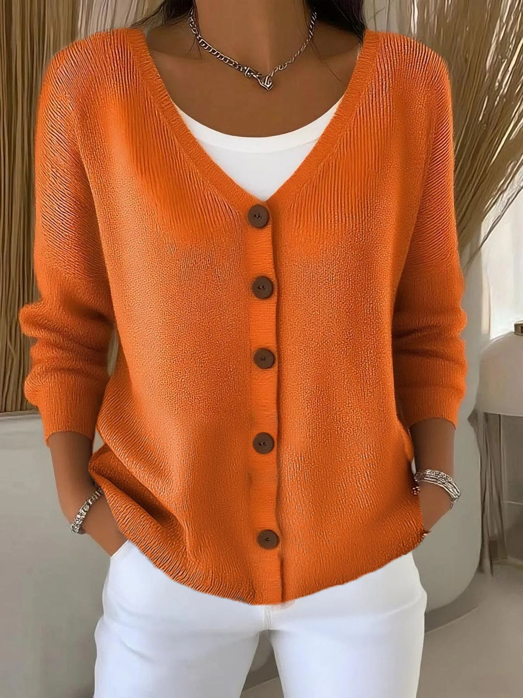 Langarm V-Ausschnitt Knopf Pullover Damen w kolorze Pomarańczowy
