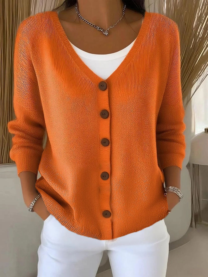 Langarm V-Ausschnitt Knopf Pullover Damen w kolorze Pomarańczowy