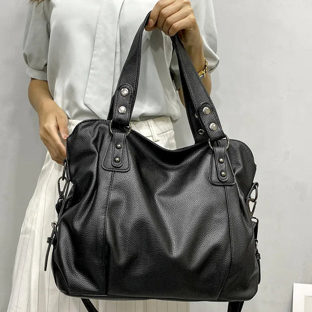 Large Black Leather-Look Studded Shoulder w kolorze Kremowy