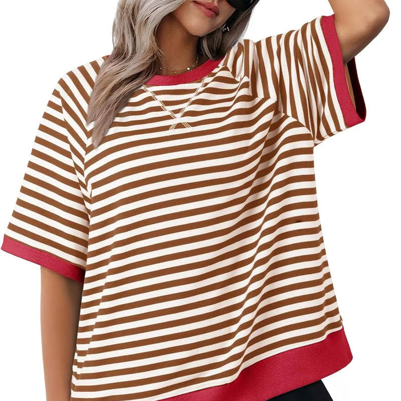 Lässiges Gestreiftes T-shirt Womens t-shirt w kolorze Braun + Rot
