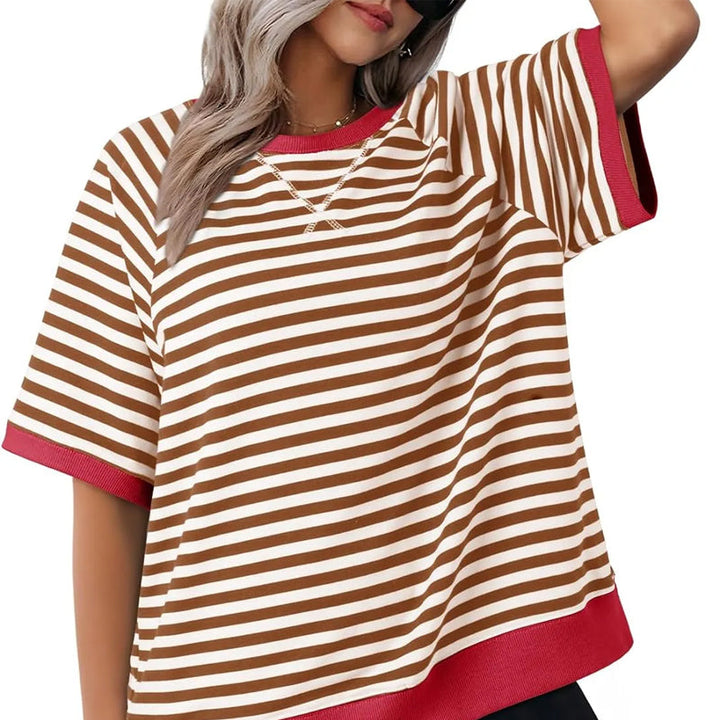Lässiges Gestreiftes T-shirt Womens t-shirt w kolorze Braun + Rot