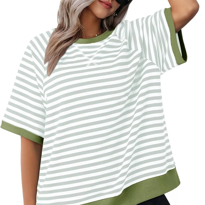 Lässiges Gestreiftes T-shirt Womens t-shirt w kolorze Grau + Grün