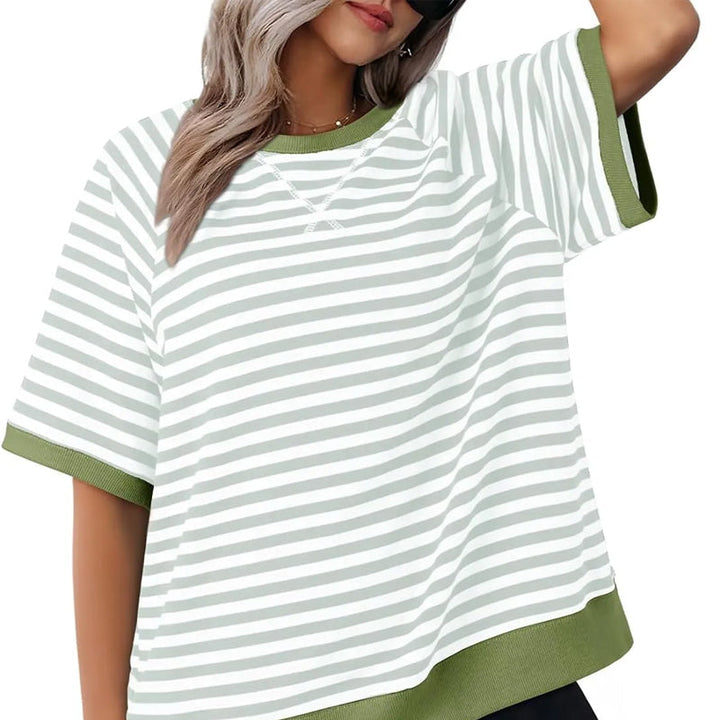 Lässiges Gestreiftes T-shirt Womens t-shirt w kolorze Grau + Grün