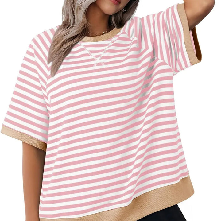 Lässiges Gestreiftes T-shirt Womens t-shirt w kolorze Rosa + Braun