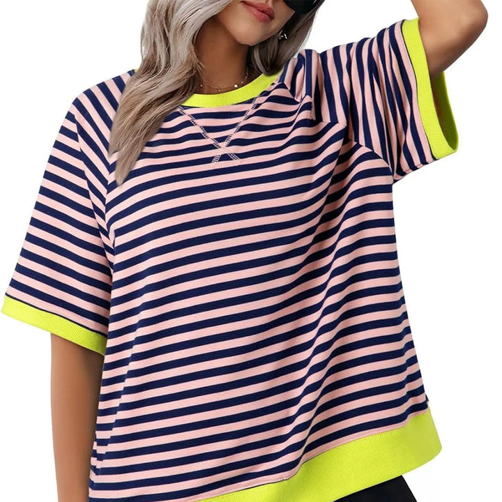 Lässiges Gestreiftes T-shirt Womens t-shirt w kolorze Rosa + Gelb