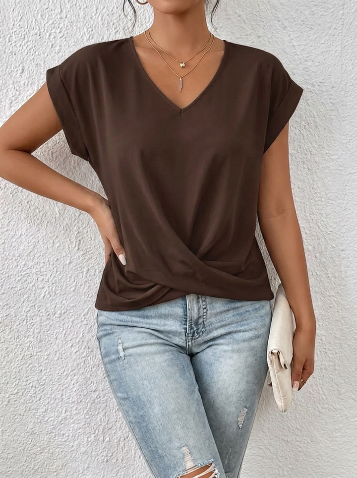Lässiges T-Shirt mit V-Ausschnitt Womens w kolorze Brązowy