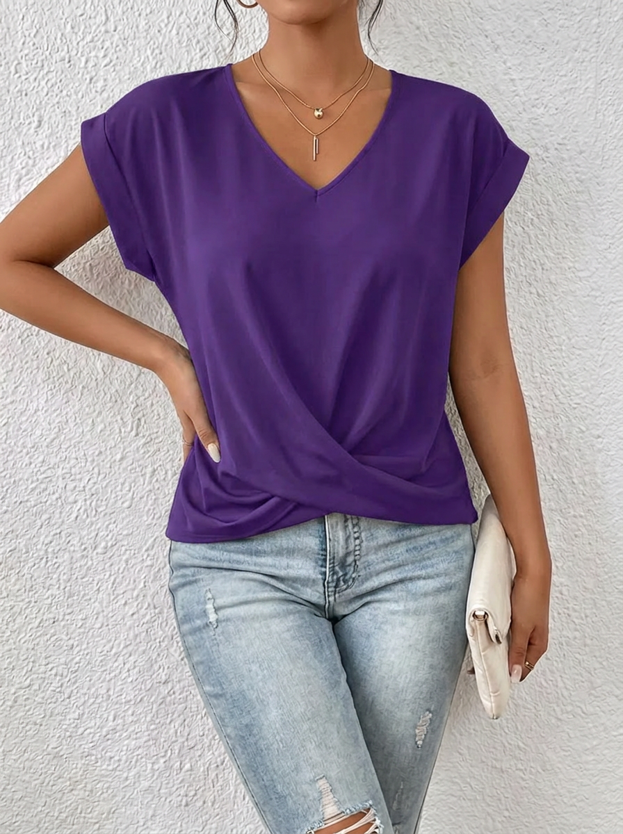 Lässiges T-Shirt mit V-Ausschnitt Womens w kolorze Fioletowy