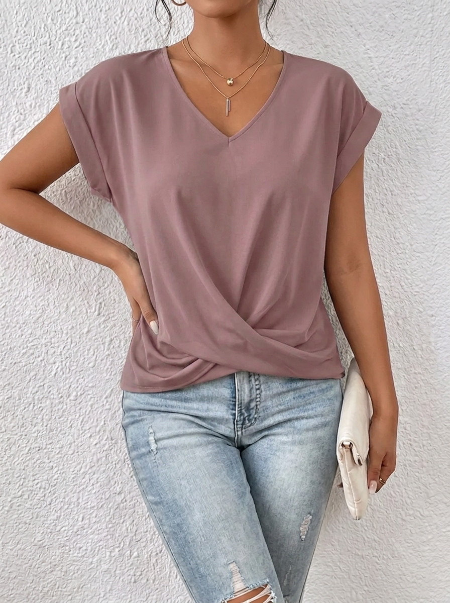 Lässiges T-Shirt mit V-Ausschnitt Womens w kolorze Różowy
