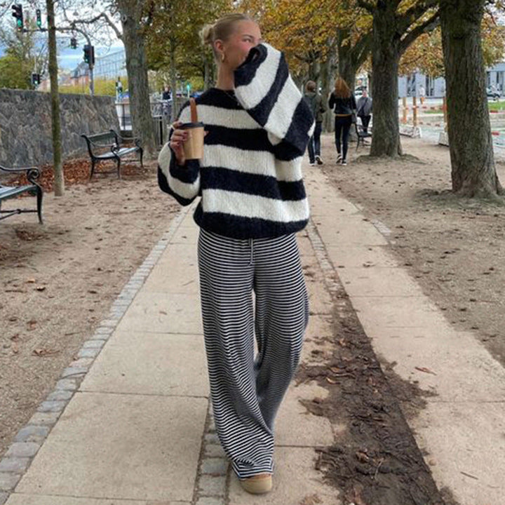 Lily | Damskie letnie lniane spodnie w paski o luźnym kroju foto 4