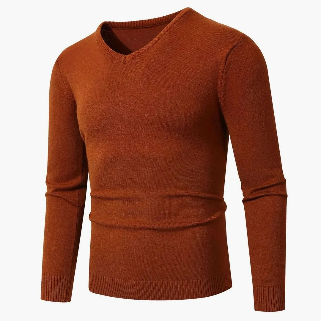 Men's Cotton Jumper with Slim-Fit V-Neck in Karamell