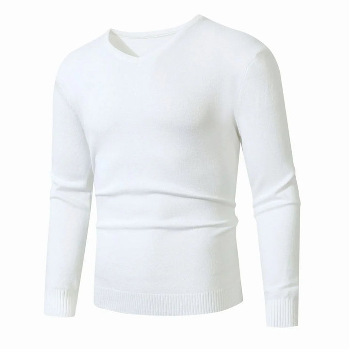 Men's Cotton Jumper with Slim-Fit V-Neck in White