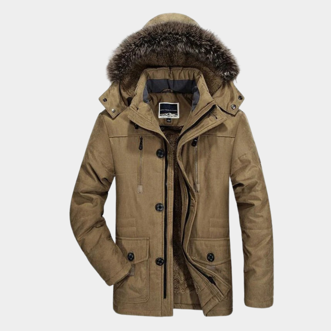 Men's Hooded Autumn Jacket with Fleece Lining in Khaki
