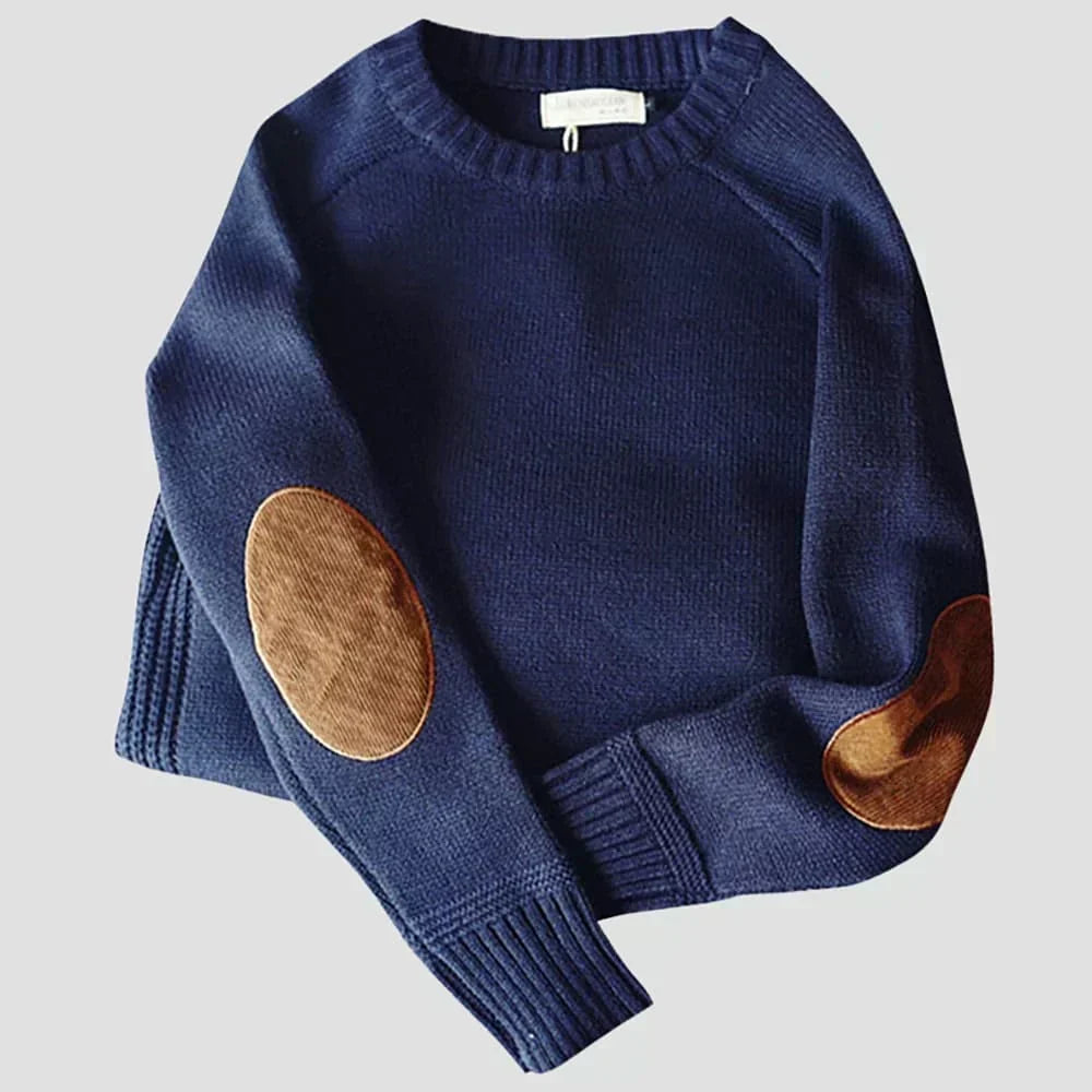 Mens Jumper with Elbow Patch, Classic Knit in Blue 2