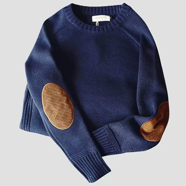 Mens Jumper with Elbow Patch, Classic Knit in Blue 2