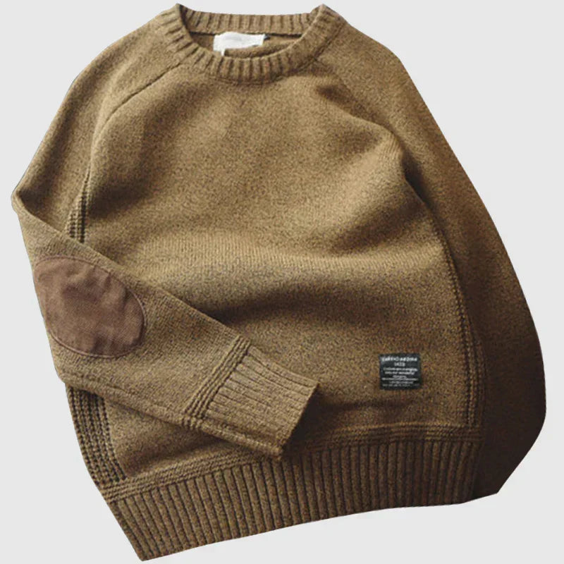 Mens Jumper with Elbow Patch, Classic Knit in Brown