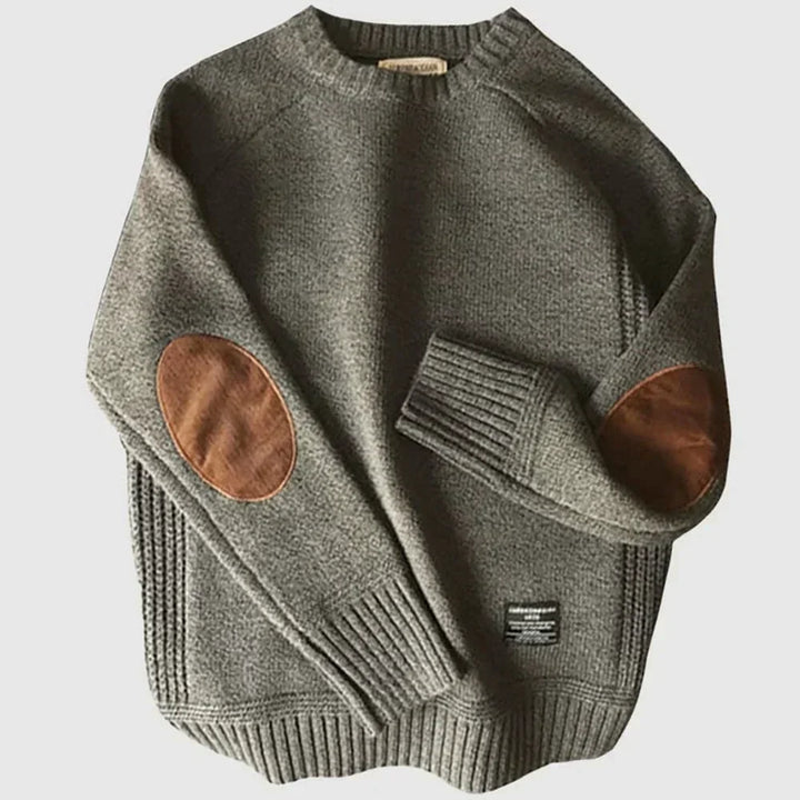 Mens Jumper with Elbow Patch, Classic Knit in Grey