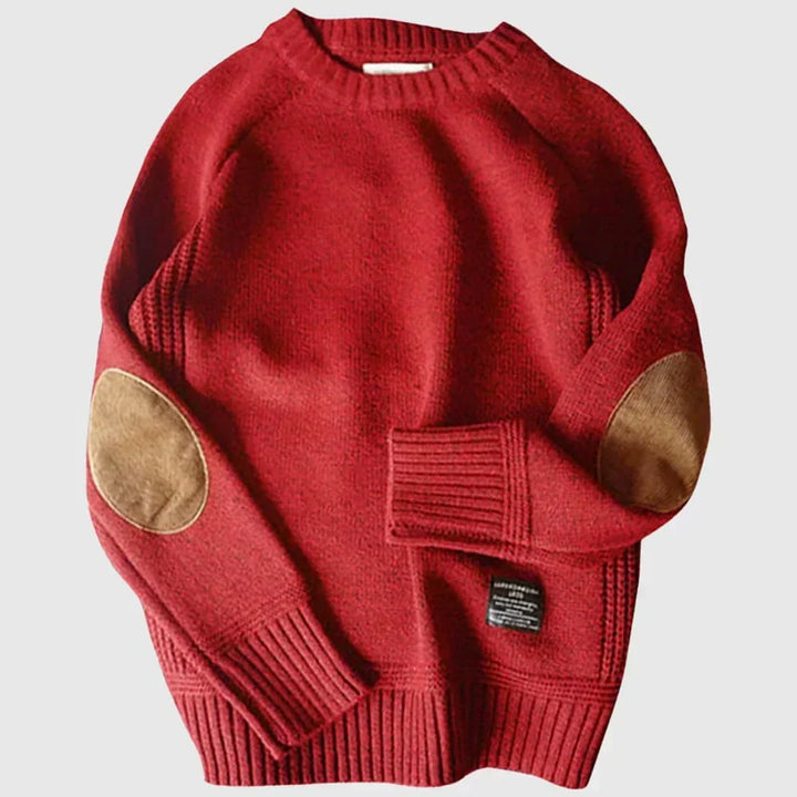 Mens Jumper with Elbow Patch, Classic Knit in Red