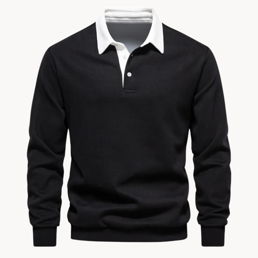 Men's Jumper with Refined Polo Collar in Black