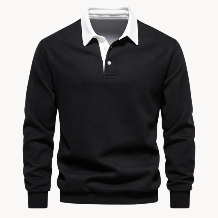 Men's Jumper with Refined Polo Collar in Black