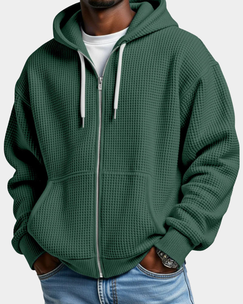 Men's Oversized Zip Waffle Knit Hoodie in Armeegrün