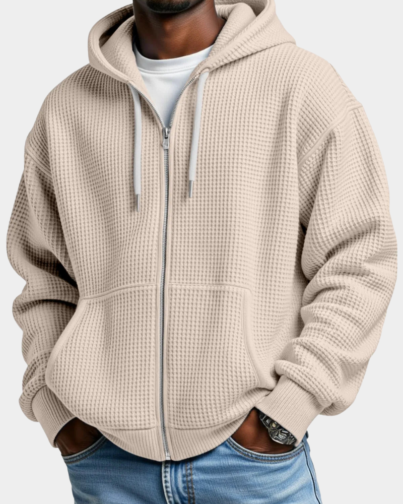 Men's Oversized Zip Waffle Knit Hoodie in Beige