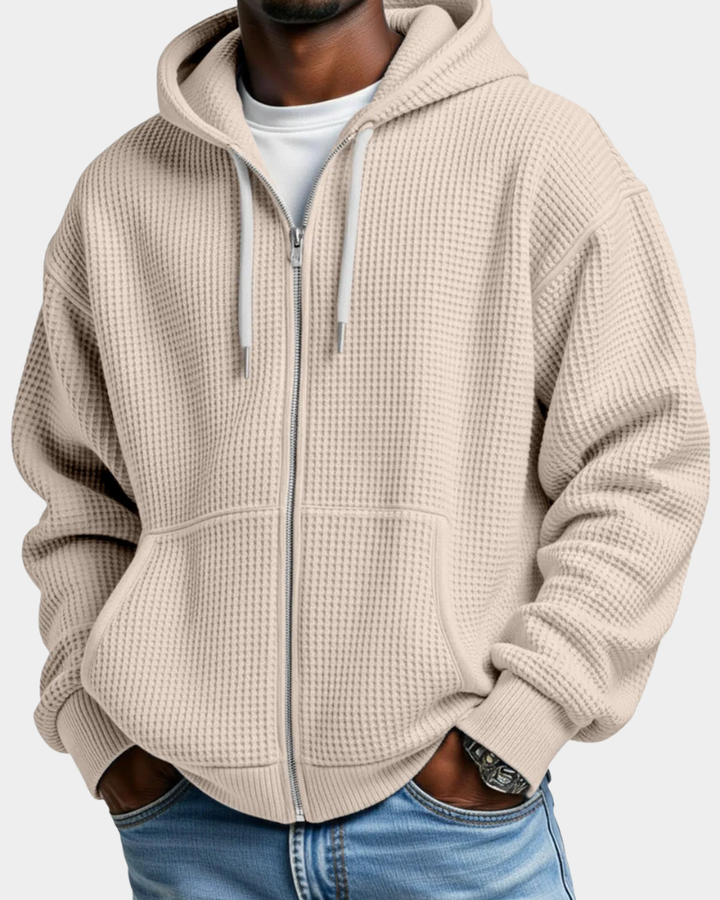 Men's Oversized Zip Waffle Knit Hoodie in Beige