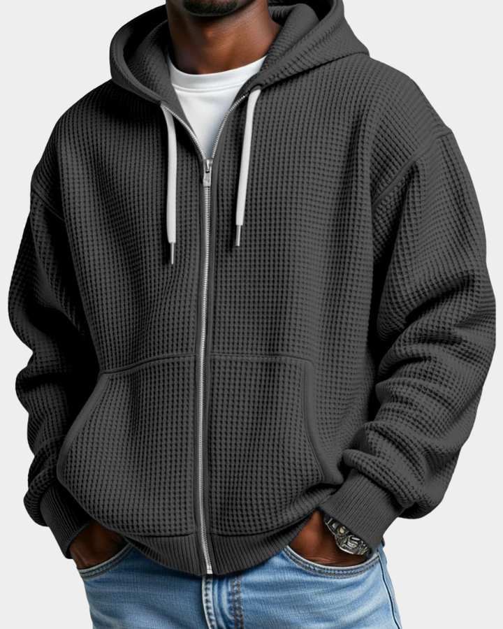 Men's Oversized Zip Waffle Knit Hoodie in Black