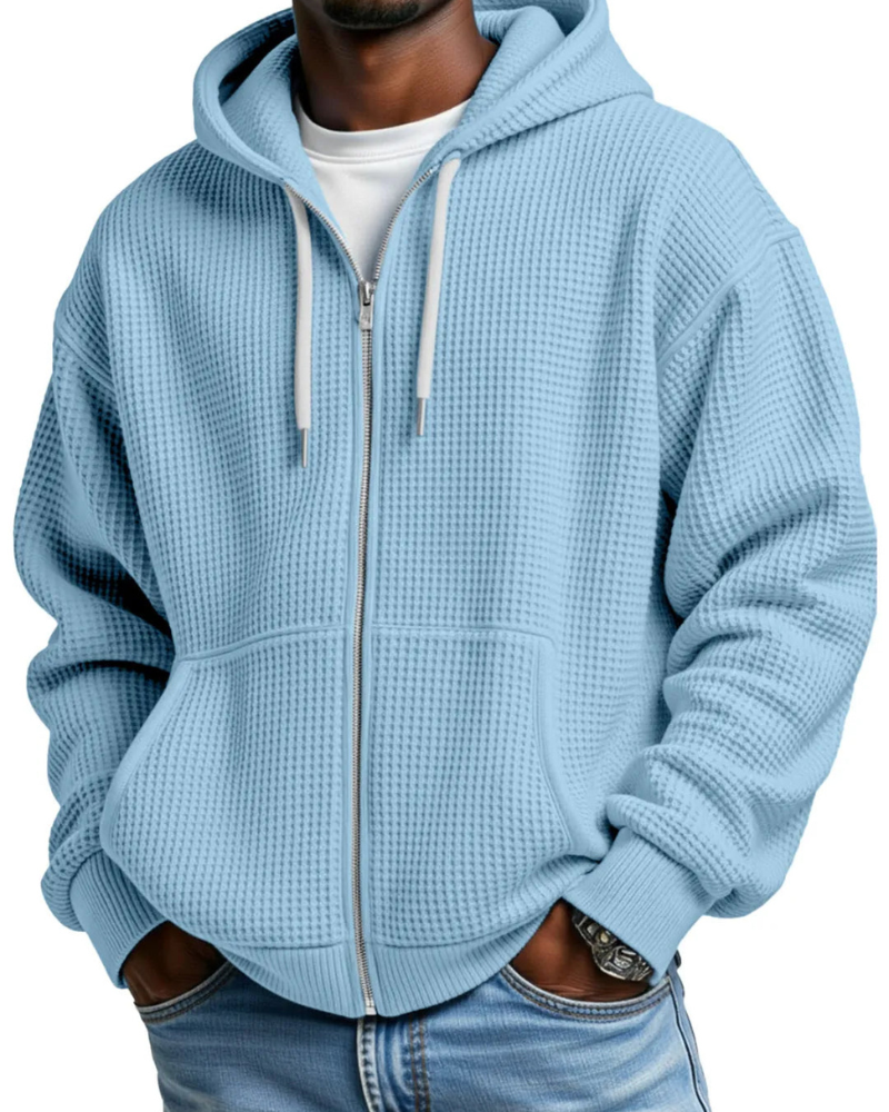 Men's Oversized Zip Waffle Knit Hoodie in Blue