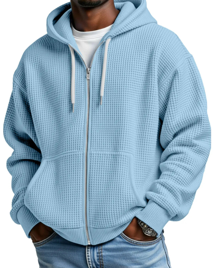 Men's Oversized Zip Waffle Knit Hoodie in Blue