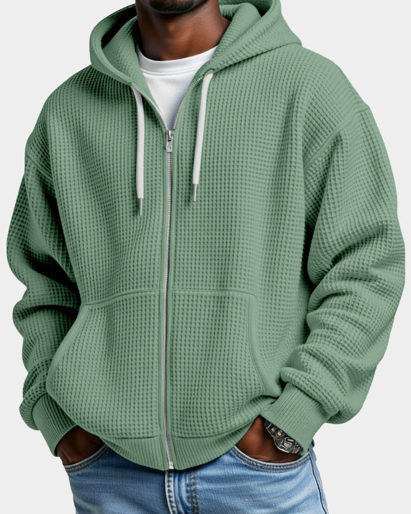 Men's Oversized Zip Waffle Knit Hoodie in Green