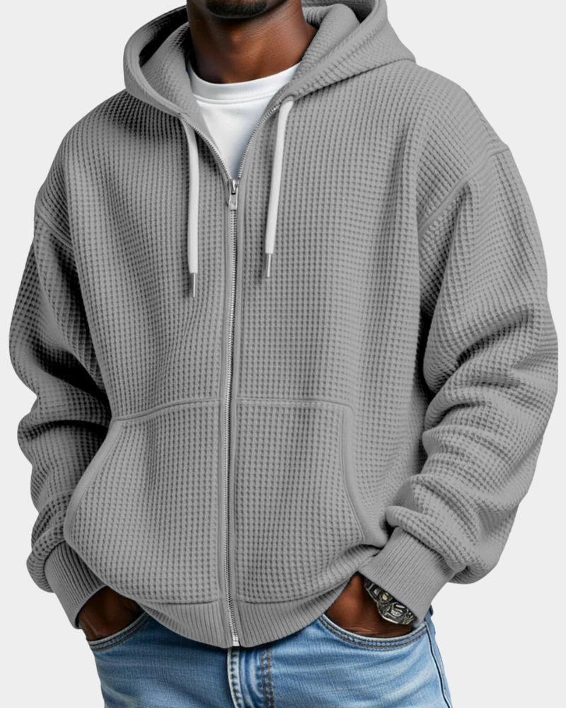Men's Oversized Zip Waffle Knit Hoodie in Grey