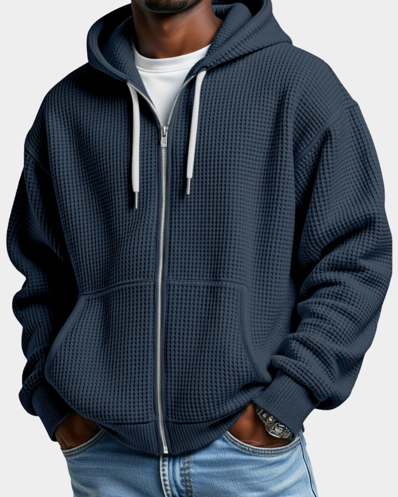 Men's Oversized Zip Waffle Knit Hoodie in Navy