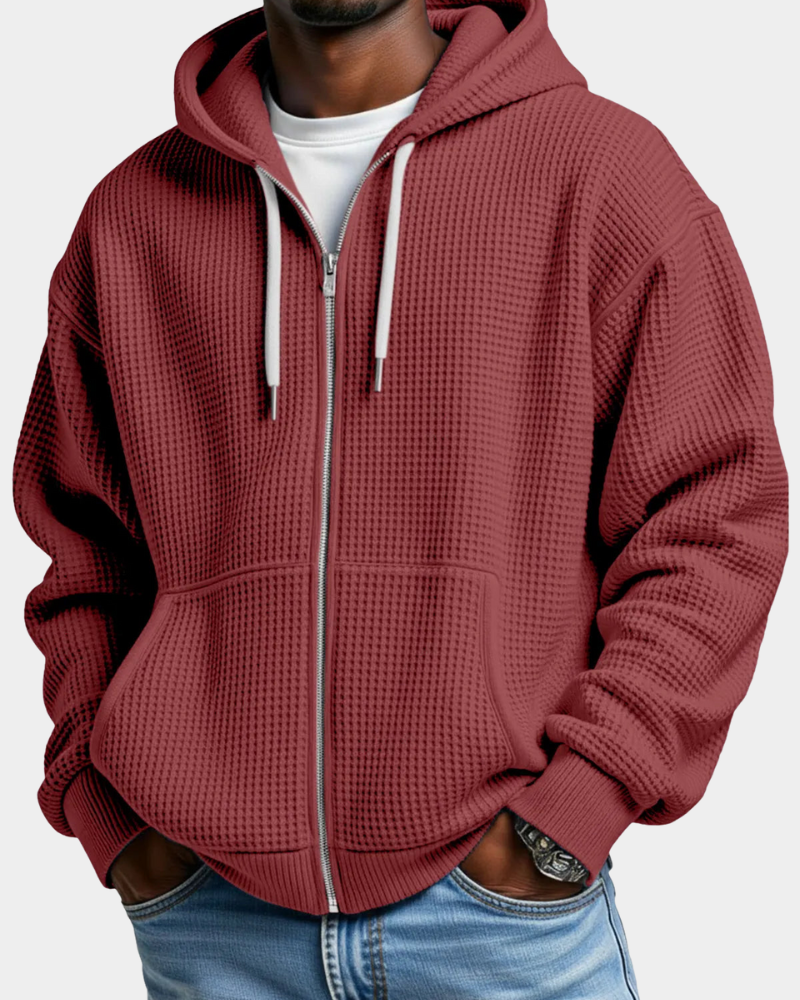 Men's Oversized Zip Waffle Knit Hoodie in Red