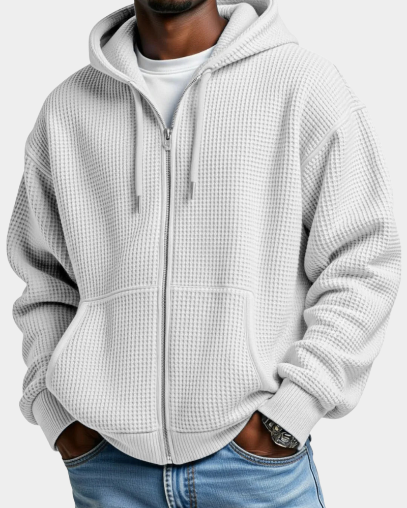Men's Oversized Zip Waffle Knit Hoodie in White