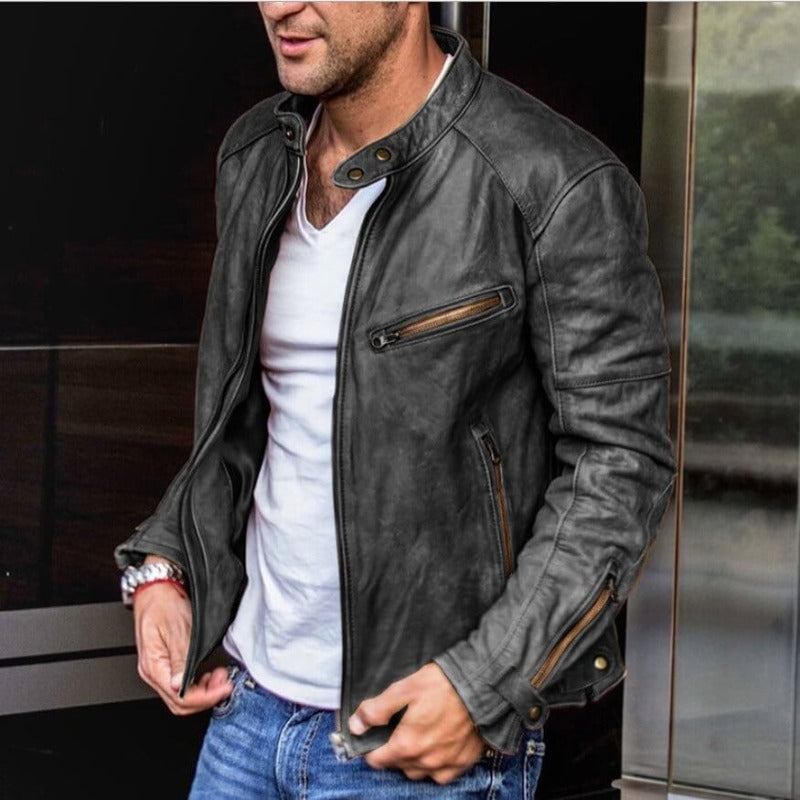 Men's Rugged Leather Coat for Autumn in Black