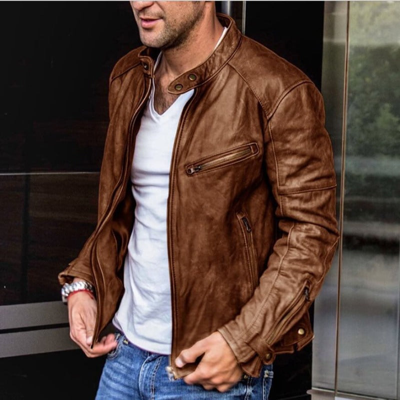 Men's Rugged Leather Coat for Autumn in Brown