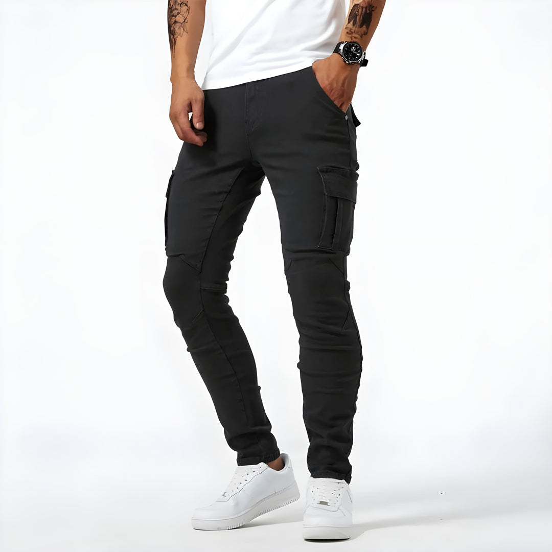 Men's Slim Fit Cargo Pants with Multiple Pockets in Black