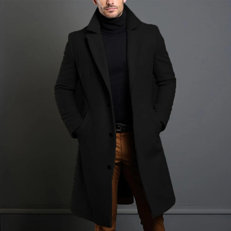 Men's Winter Wool Long Coat in Black