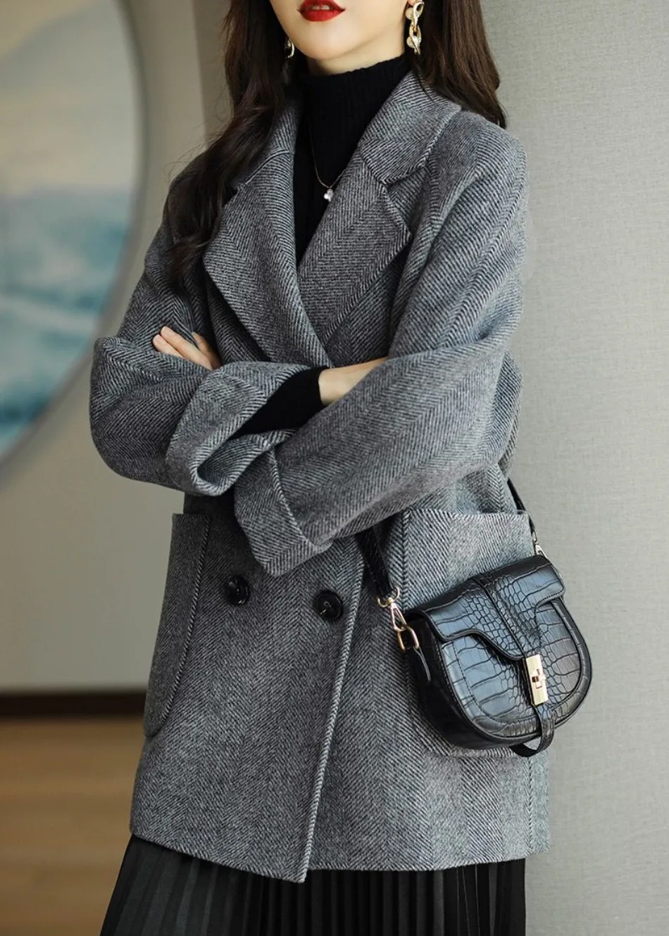 Oversized Belted Women's Coat for Autumn in Grey